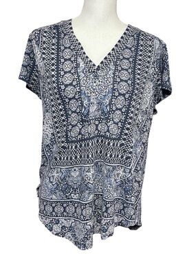 Lucky Brand Boho Peasant Pullover Top Womens Large Blue Floral Geometric Preppy